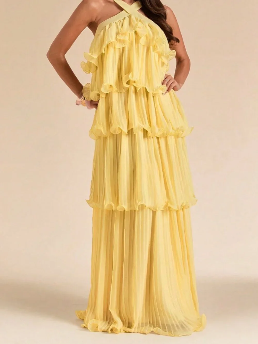 Light Yellow Sexy Women's Long Wide Ruffle Pleated Halter Neck Backless Dress